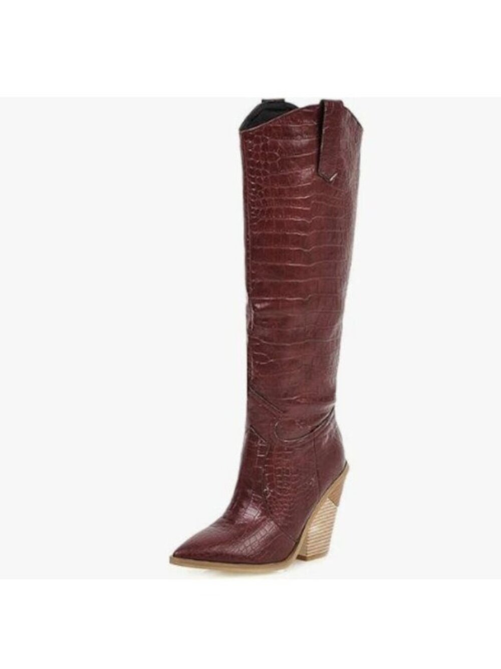 FOWT Women’s Crocodile Embossed Knee High Cowgirls Boots High Stacked Heels